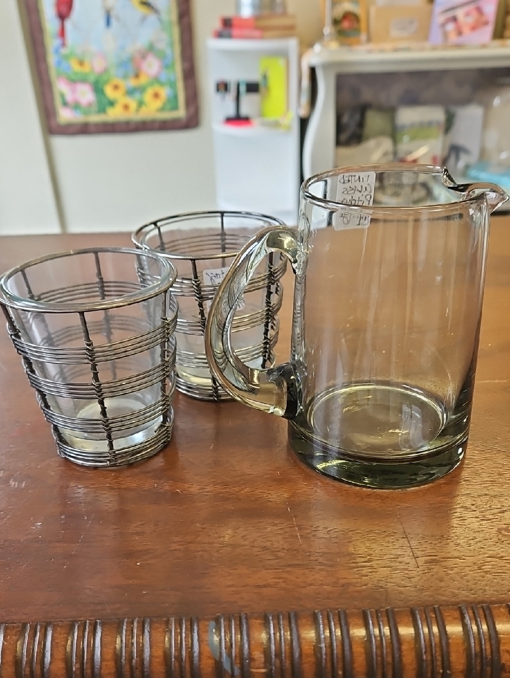 Vintage Smoked Gray Glass Pitcher with Two Metal Framed Tumblers